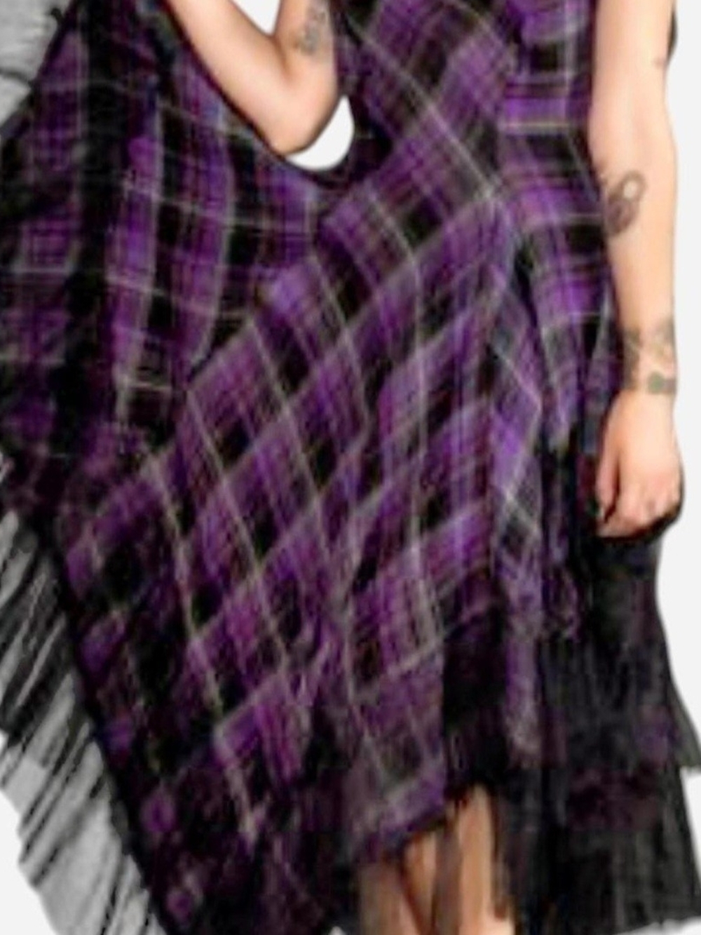 RARE Vintage Lip Service Purple Plaid Ruffle Dress w/Lace Trim & Tuelle, Pockets - Picture 11 of 14